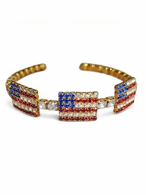 Vintage OTC American Flag Rhinestone Cuff Bracelet Gold Tone Patriotic Red White